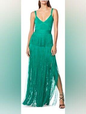 Herve Leger Emerald Green Strappy Ottoman Fringe Gown Large SOLD OUT IN  STORES